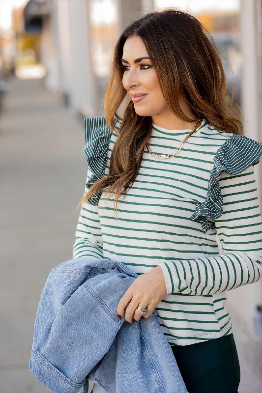 Weekend Deals to Make You Happy Mixed Stripes Ruffle Shoulder Tee