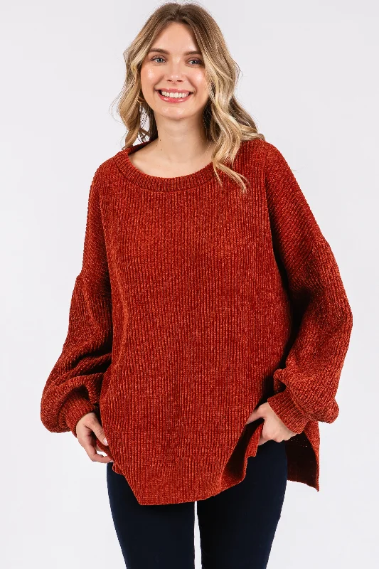 Weekend Bargains Await You Rust Chenille Knit Balloon Sleeve Sweater