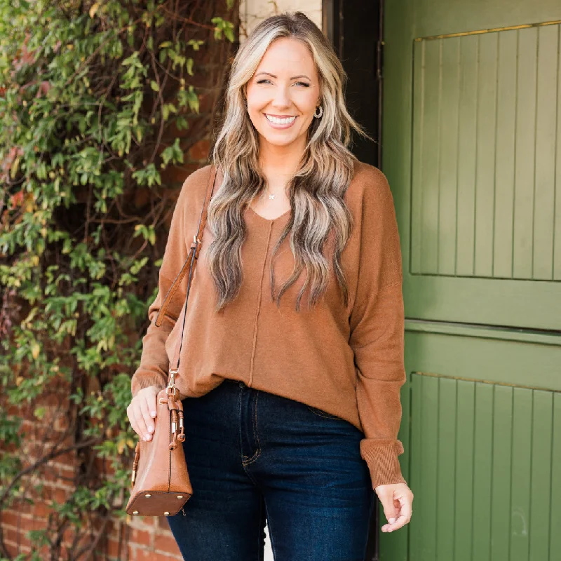 Take Action Miss Me Sweater, Heather Deep Camel