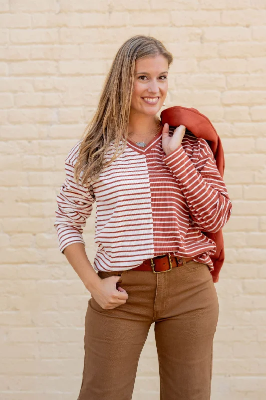 Shop the Weekend Away Contrasting Stripes V-Neck Tee