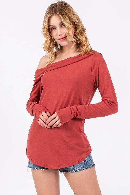 Year-End Deals Rust Long Sleeve Off Shoulder Top