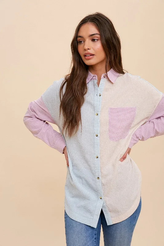 Weekend Discounts to Snag Magenta Colorblock Gingham Button Down Top