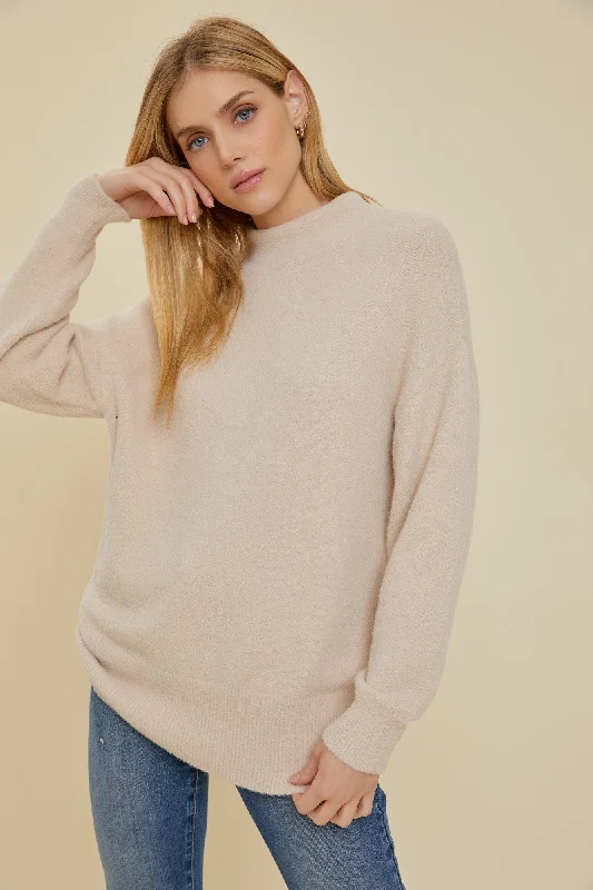 Act Now Beige Fuzzy Knit Mock Neck Sweater