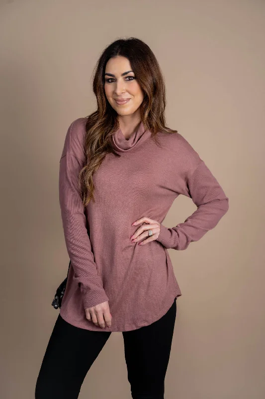 Top Pick Rib Accented Cowl Neck Tunic Tee