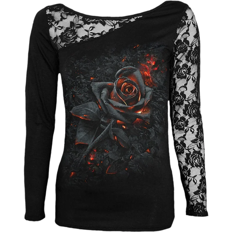 Special Price BURNT ROSE - Lace One Shoulder Top Black