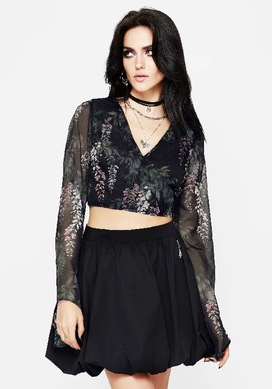 Weekend Deals That Sparkle Wisteria Floral Print Chiffon Bell Sleeve Wrap Tie Top
