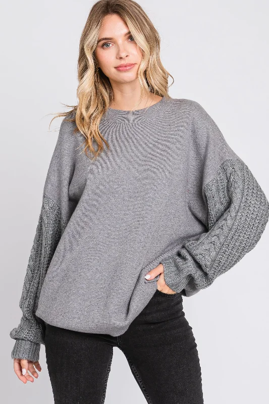 Weekend Bargains Await You Heather Grey Cable Knit Sleeve Sweater