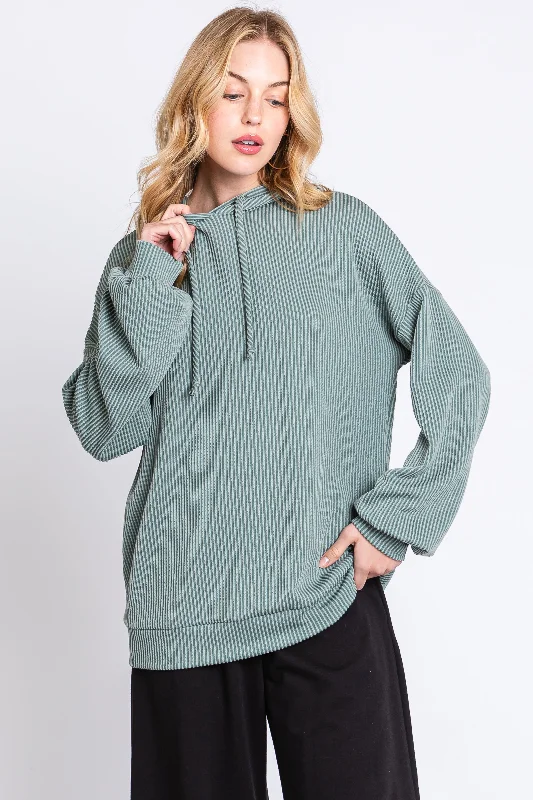 Can't Beat Light Olive Ribbed Hooded Top