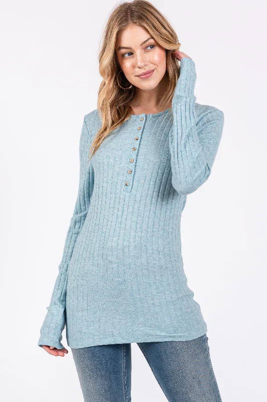 Discount Mania Light Teal Ribbed Knit Button Long Sleeve Top