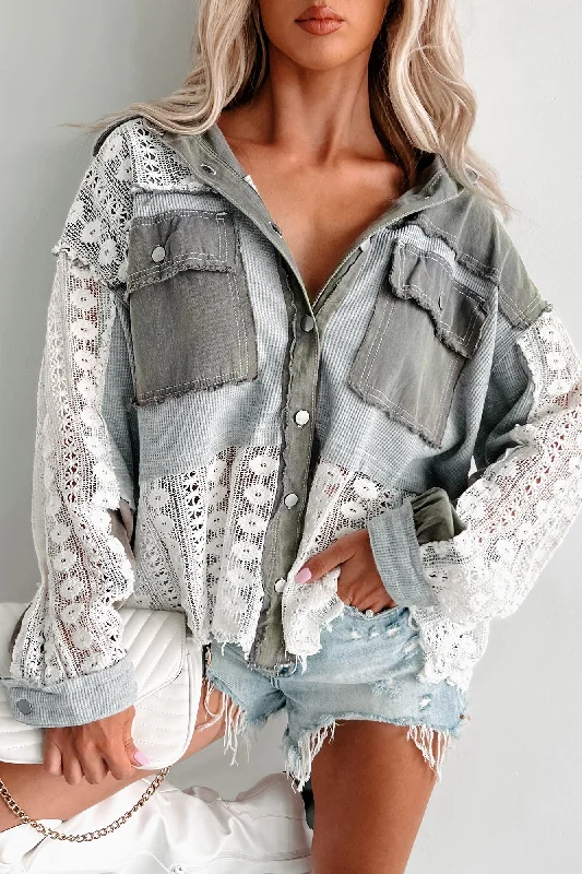 Hurry In Unique & Interesting POL Lace Crochet Button-Down Shirt (Dusty Grey)
