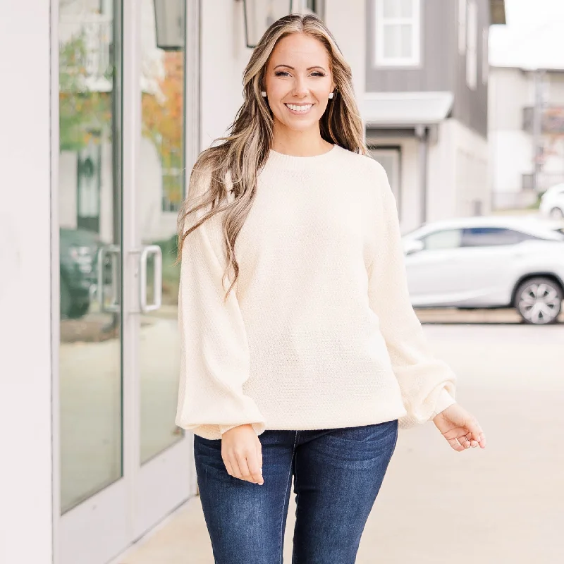 Stock Clearance Cozy Bubble Sleeve Sweater, Cream