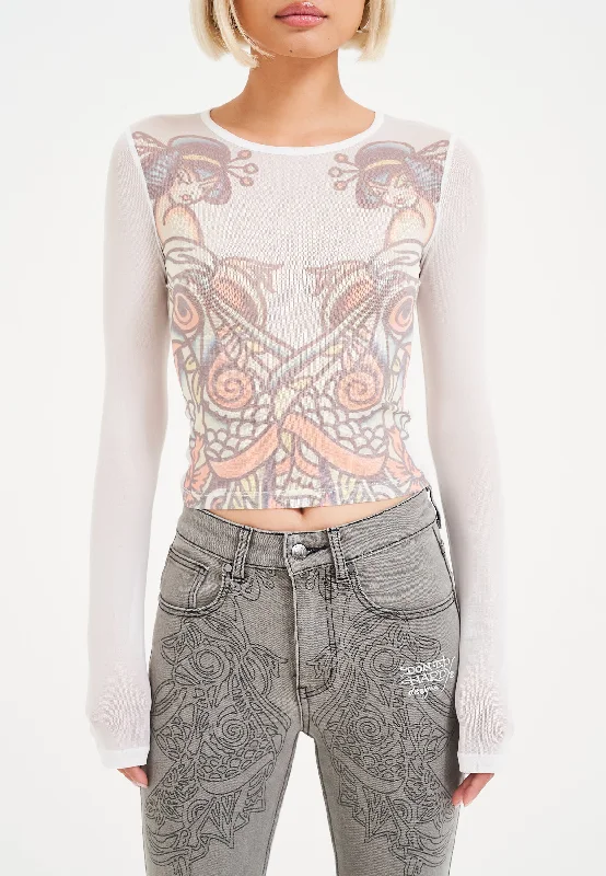 Crazy Deal Womens Ice Geisha Mesh Long Sleeve Tshirt Top - White