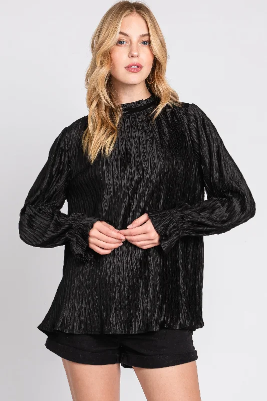 Weekend Deals That Excite Black Textured Mock Neck Blouse