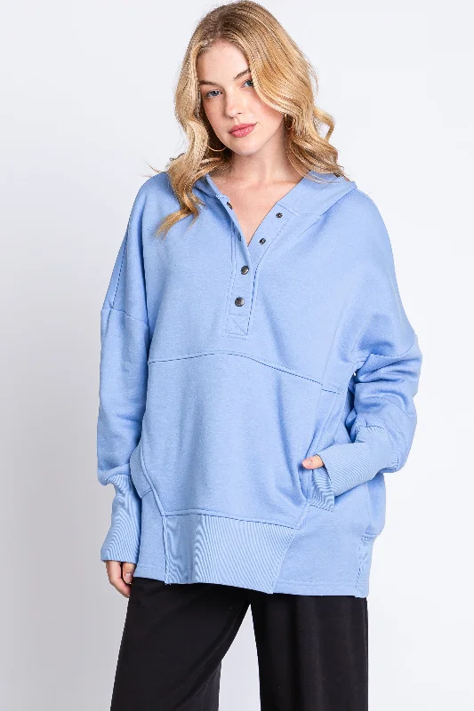 Weekend Wonders Await! Light Blue Hooded Button Pullover Sweater