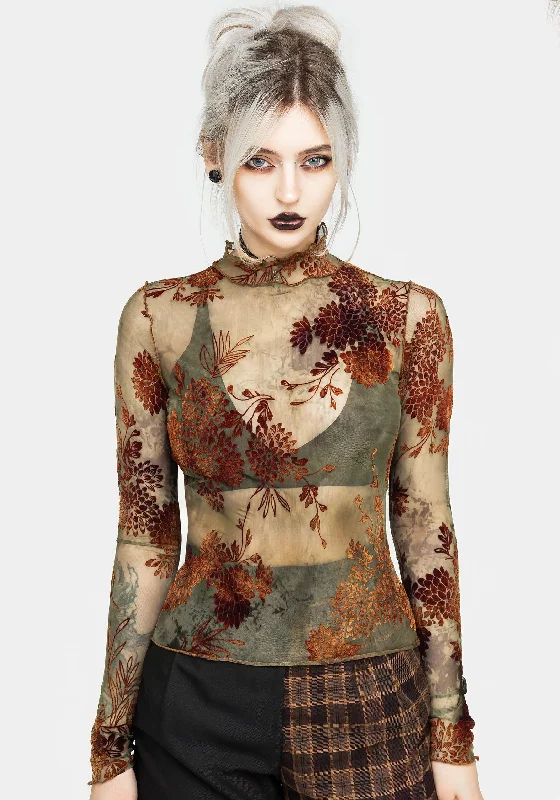 Weekend Offers That Tempt Rosaleigh Flock Velour Mesh Long Sleeve Top