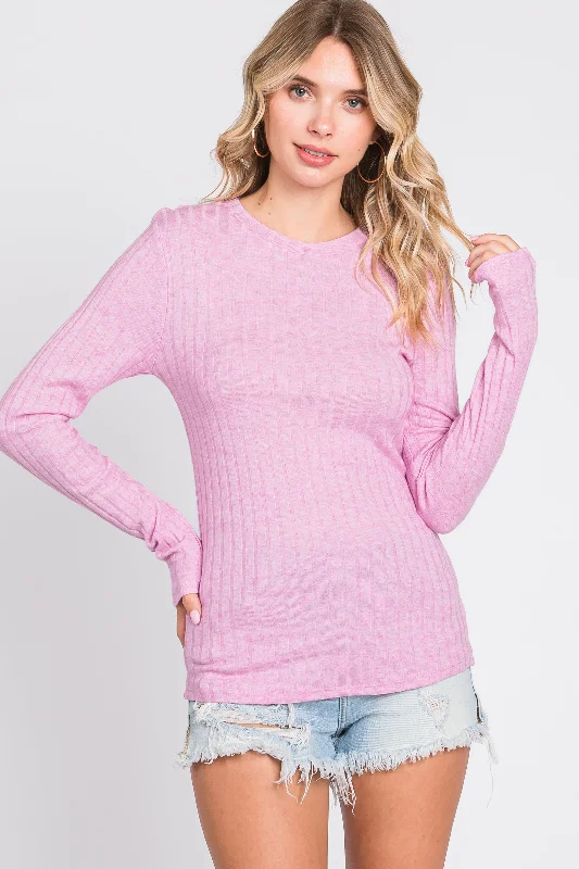 Weekend Shopping Made Better Pink Ribbed Long Sleeve Top