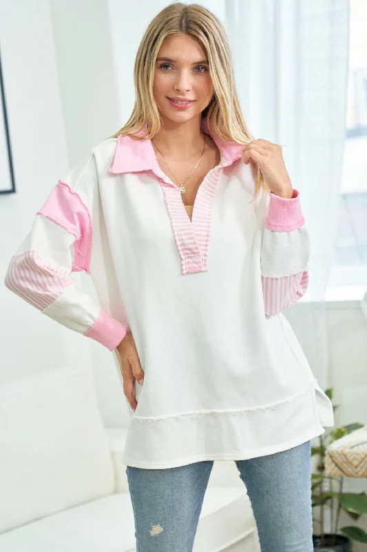Steal Deal Pink Colorblock Stripe Collared Sweater