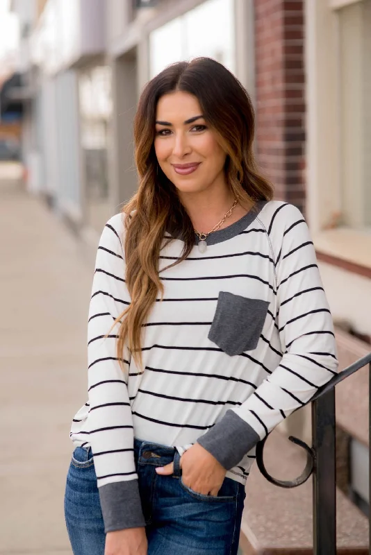 Bonus Offer Striped Solid Trim Pocket Tee