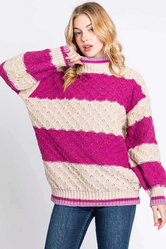 Lowest Rates Magenta Striped Mock Neck Sweater
