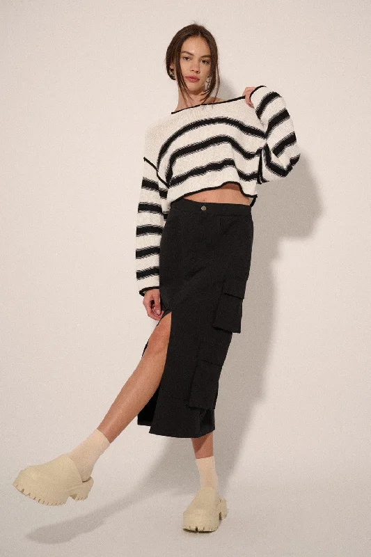 Today's Deal Cream Black Stripe Round Neck Expose Seam Sweater