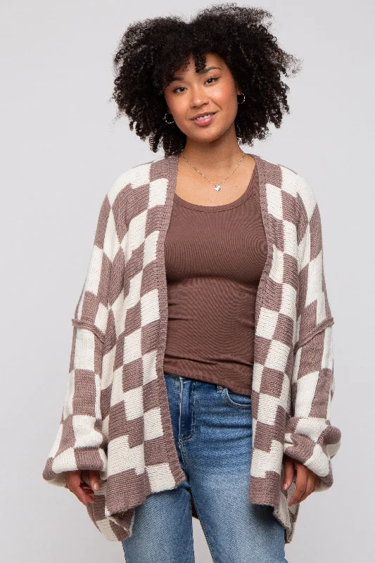 Weekend Offers That Thrill Taupe Checkered Print Oversized Cardigan