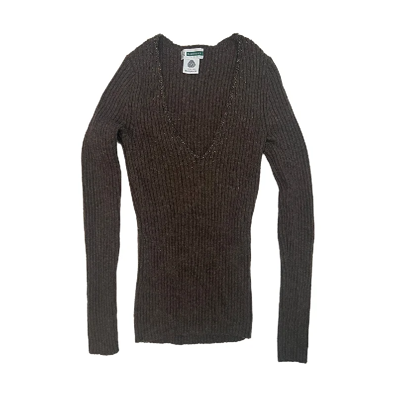 Weekend Deal 90s Beaded V-neck Ribbed Wool Sweater