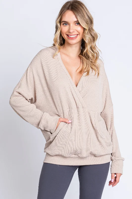 Weekend Offers That Excite Cream Ribbed Hooded Wrap Long Sleeve Top