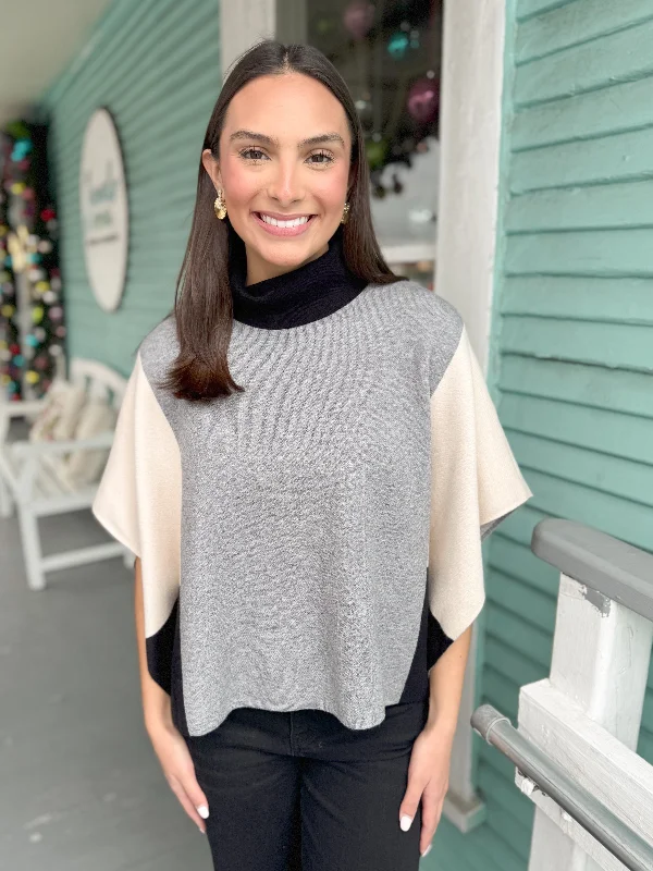 Weekend Savings Spectacle (THML) The Colorblock Mock Neck Poncho-Grey