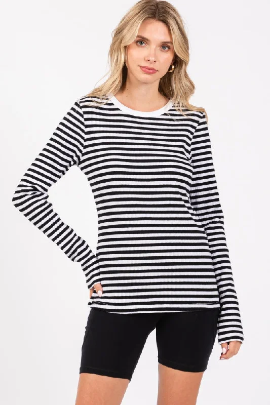 Weekend Bargains Await You Black Striped Long Sleeve Ribbed Top