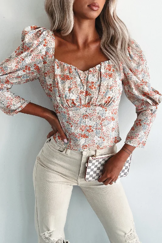 Massive Savings Floral Finale Printed 3/4 Sleeve Top (Cream Multi)
