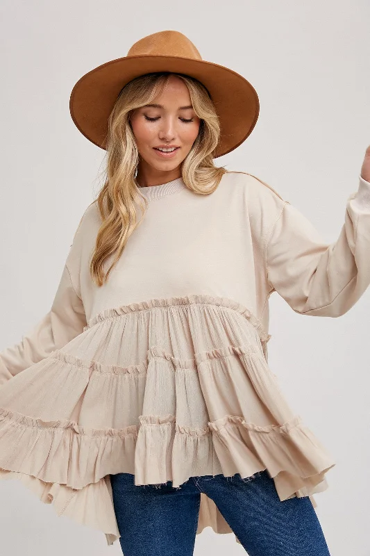 Crazy Deal Oatmeal Tierd Ruffle Hem Sweatshirt
