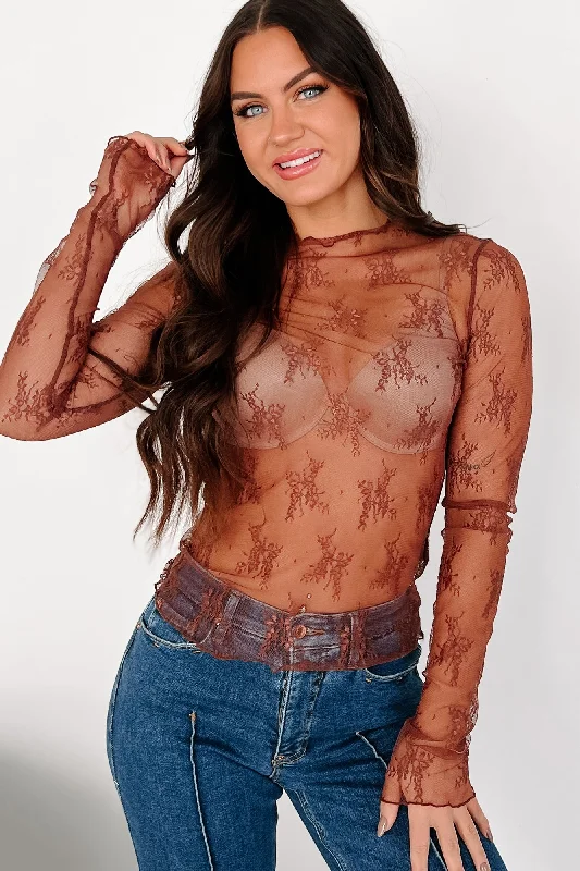 Reduced Rates Living For The Likes Lace Long Sleeve Top (Red Bean)