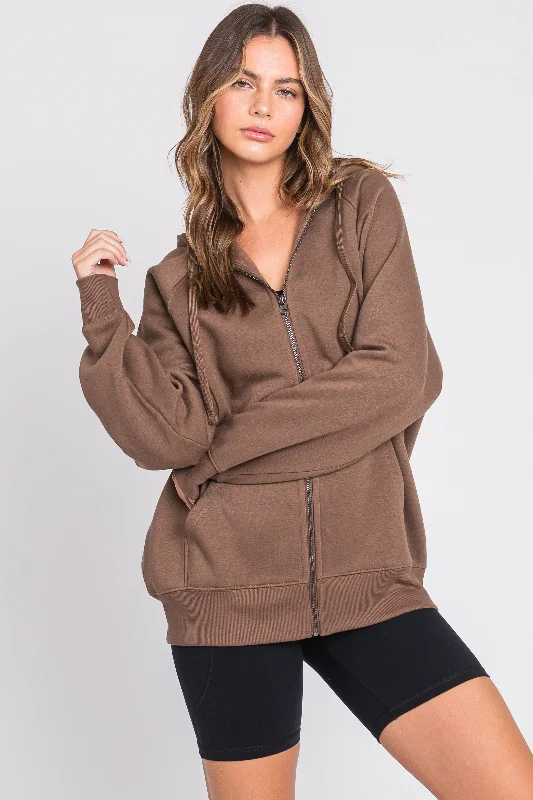 Massive Savings Brown Front Zipper Hooded Sweater