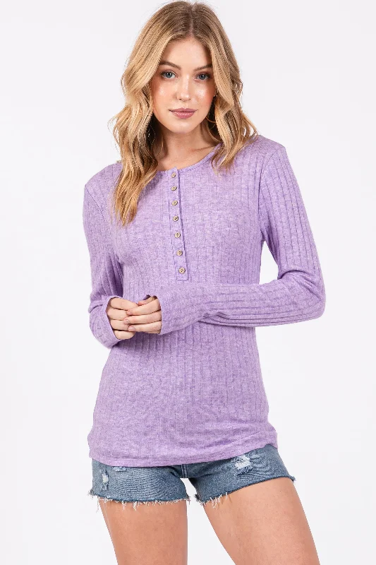 Big Savings Lavender Ribbed Knit Button Long Sleeve Top