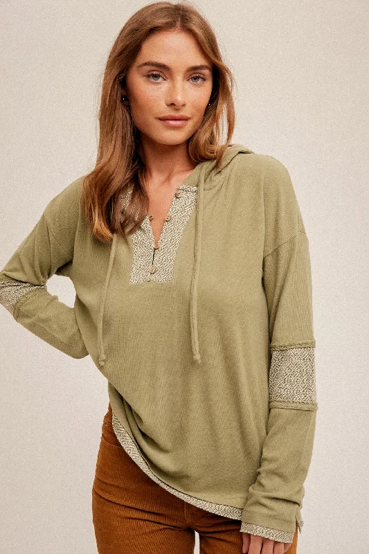 Weekend Bargains to Savor Olive Fabric Mixed Soft Ribbed V Neck Loose Fit Hoodie
