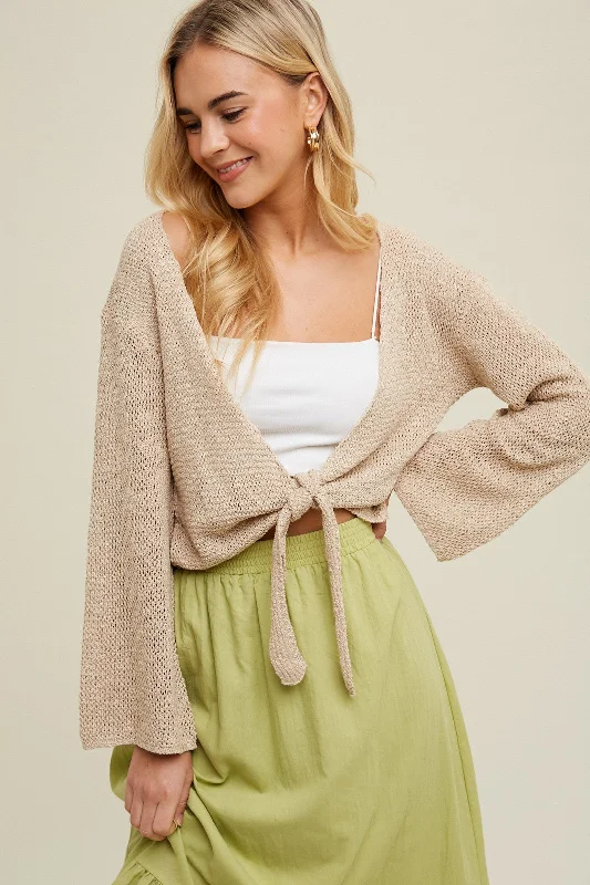 Weekend Discounts to Grab Taupe Open Knit Sweater Self-Tie Cardigan