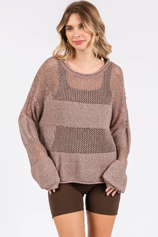 Weekend Deals That Impress Mocha Crochet Knit Long Sleeve Cover-Up
