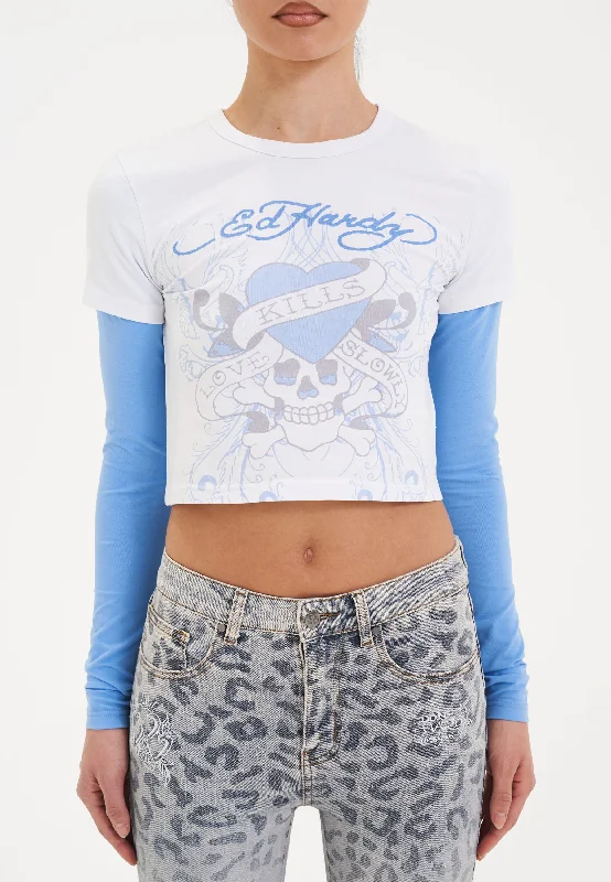 Weekend Discounts to Delight Womens Kill Slowly Double Sleeve Baby Tshirt Top - White/Light Blue