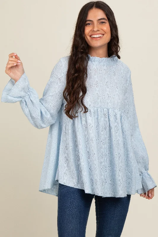 Weekend Shopping Bliss Light Blue Lace Ruffled Neck Top