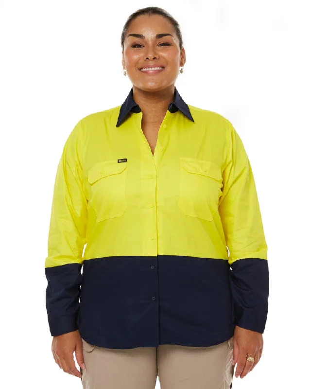 Big Savings Womens Hi Vis Cool Lightweight LS Drill Shirt - Yellow/Navy