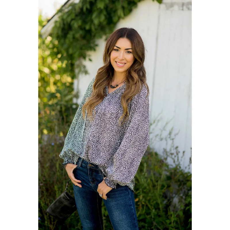 Weekend Savings Bonanza Cinch Sleeve V-Neck Cheetah Blouse