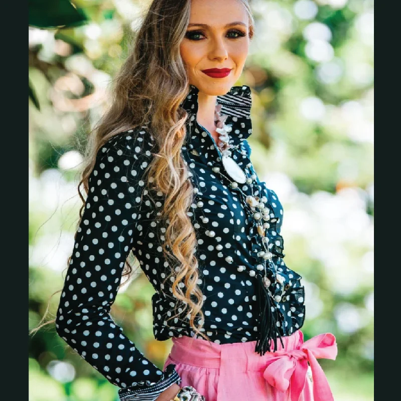 Weekend Shopping Bliss Hitchley and Harrow Ladies Fitted Ruffle Shirt BLACK-WHITE SPOTS