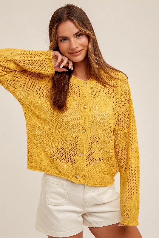 Take Advantage Yellow Floral Open-Stitch Sweater Cardigan