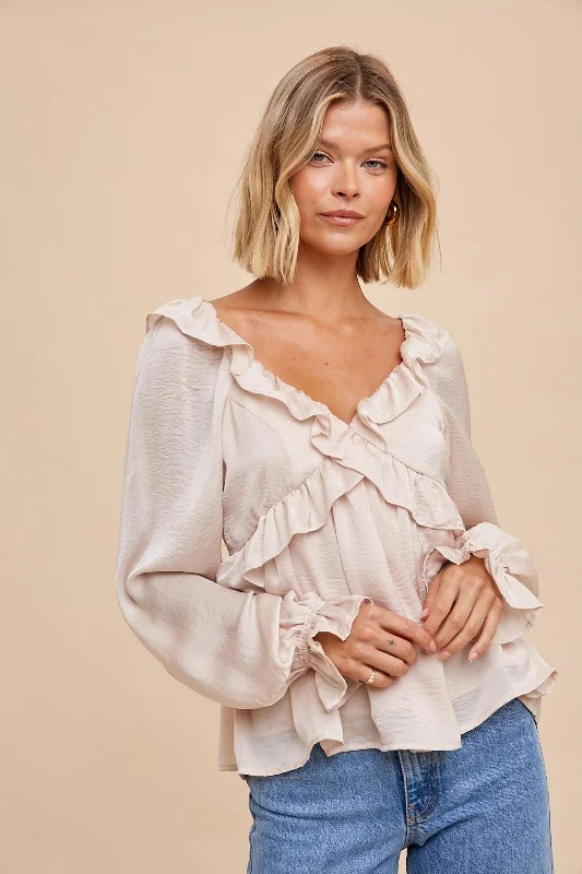Year-End Deals Almond Washed Satin Cross Ruffled Long Sleeve Blouse