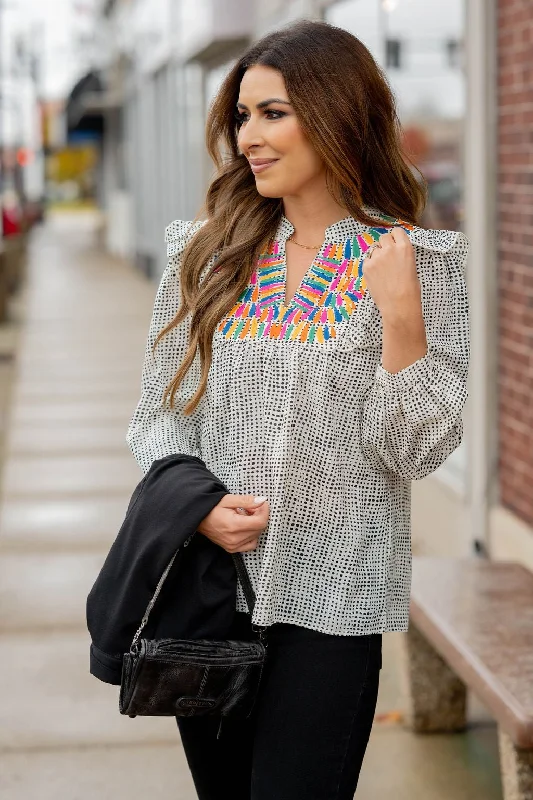 Big Savings Embroidered Dotted Flutter Blouse