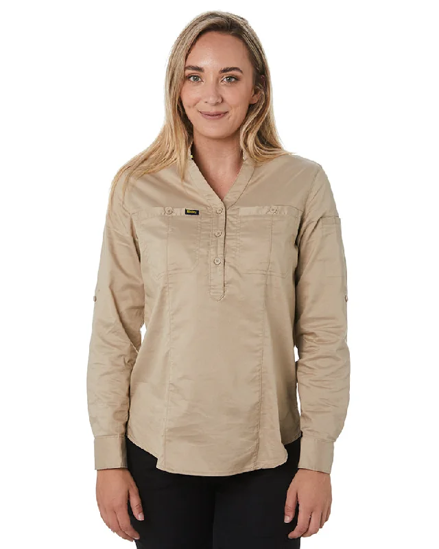 Weekend Savings Delight Womens Stretch V-Neck Closed Front Shirt - Stone