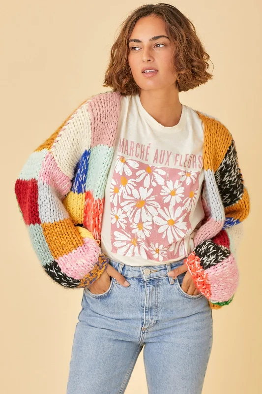 Don't Delay Multicolor Color Block Checkered Thick Knit Cardigan