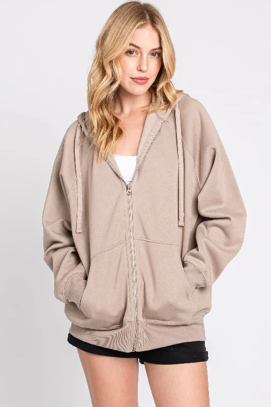 Time-Sensitive Taupe Front Zipper Hooded Sweater
