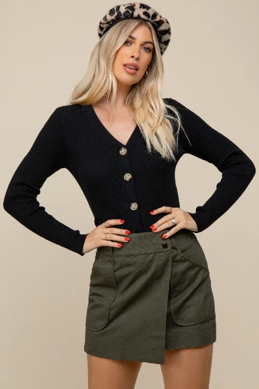 Weekend Offers That Please Black Rib Knit Button Front Sweater Cardigan