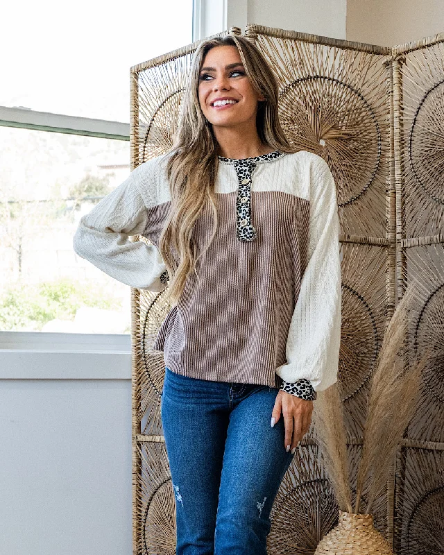 Weekend Discounts to Delight Shayla Mixed Fabric Color Block Henley Top - Mocha